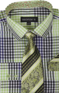 George's 60% Cotton 40% Polyster Checkered Shirt Tie and Handkerchief Lime