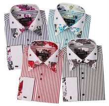 Poly Cotton Floral Design Striped French Cuff Classic Fit Multi-Color Men's Dress Shirt