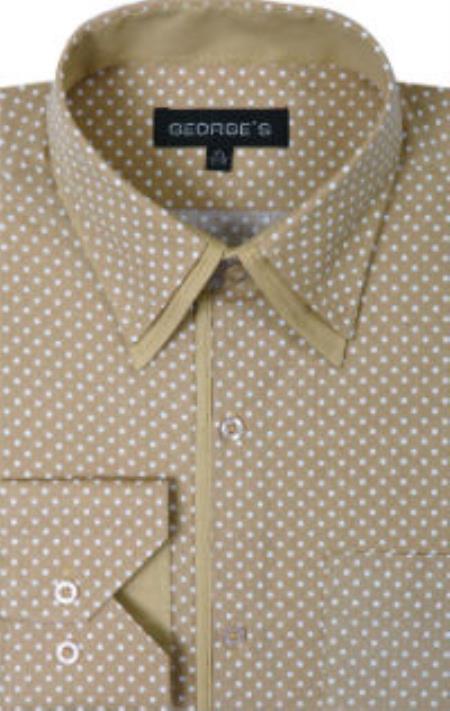 George 100% Cotton Polka Dot Design Tan Men's Dress Shirt — MensUSA