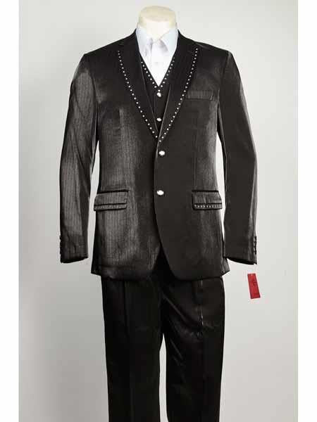 Men's 3 Piece Black Color Sharkskin Vested Rhinestone Entertainer Suit