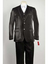 Men's 3 Piece Black Color Sharkskin Vested Rhinestone Entertainer Suit