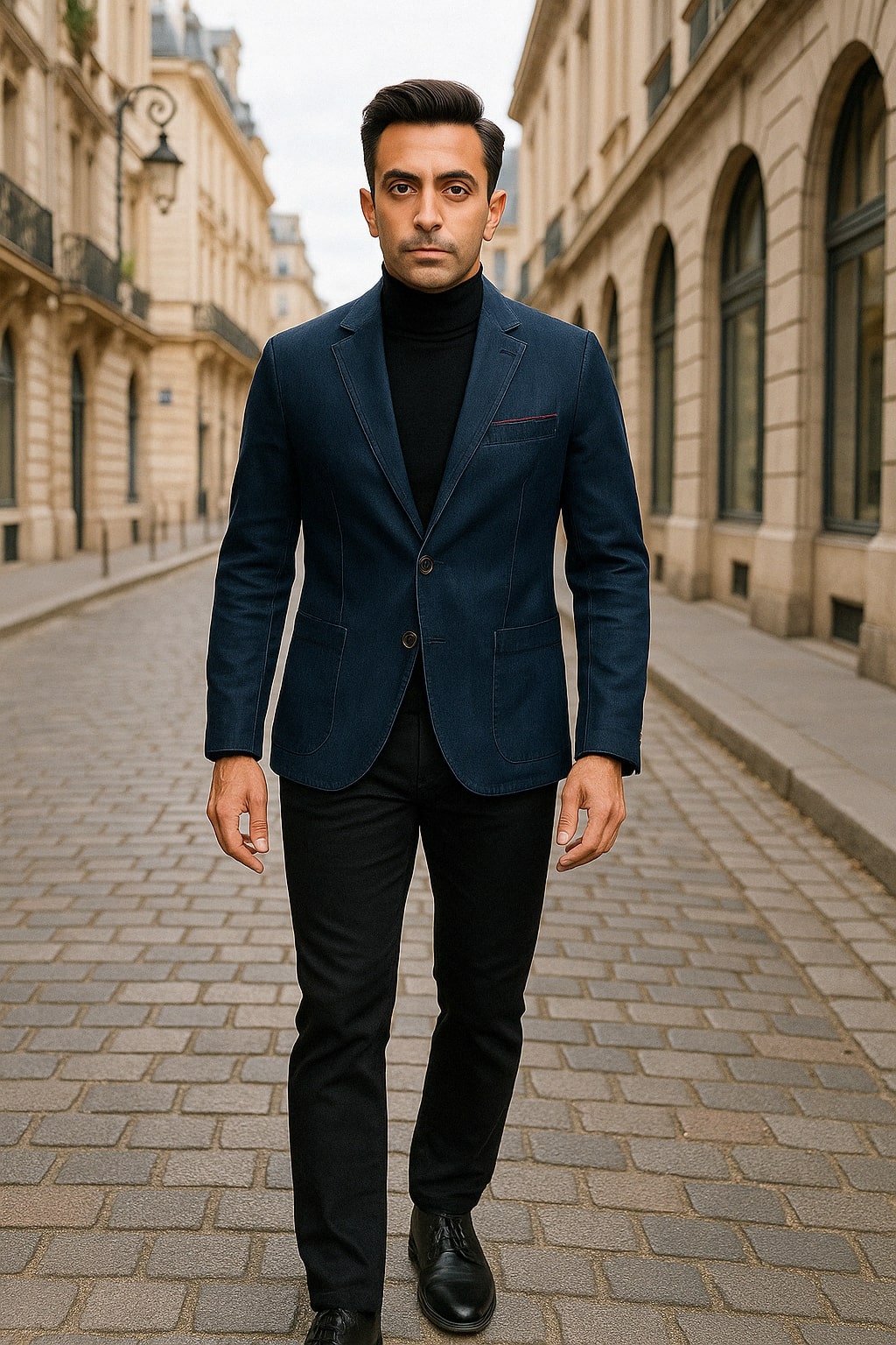 Mens Dark Blue Denim Casual Blazer with Notch Lapel and Single Button Closure - Image 3