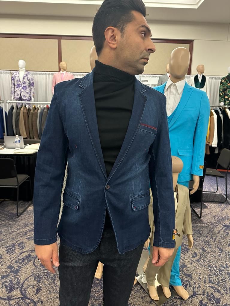 Mens Dark Blue Denim Casual Blazer with Notch Lapel and Single Button Closure - Image 4