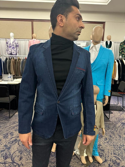 Mens Dark Blue Denim Casual Blazer with Notch Lapel and Single Button Closure - Image 4