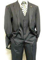 1920'S Gangster Bold Pinstripe ~ Stripe Men'S Stripe Mars Dark Blue Fashion Vested Suit Pleated Pant