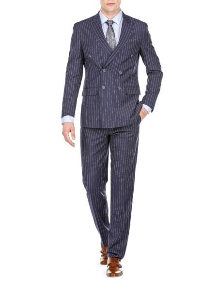 Men's Dark Navy Blue Double Breasted Suit Slim Fit Bold Stripe Peak Lapel Suit