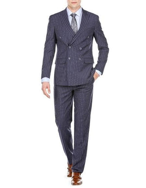 Men's Dark Navy Blue Double Breasted Suit Slim Fit Bold Stripe Peak Lapel Suits