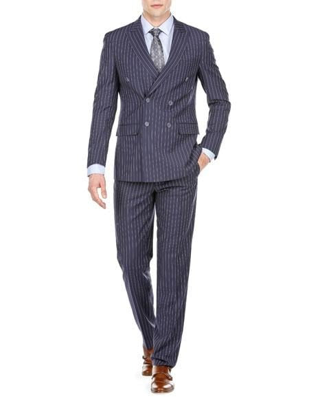 Men's Dark Navy Blue Double Breasted Suit Slim Fit Bold Stripe Peak Lapel Suits