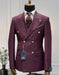 Mens Designer Modern Fit Double Breasted Wool Suit with Gold Buttons in Maroon