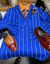 Mens Double Breasted Blazer Suit Jacket - Bold Pinstripe Sport Coat in Royal and White Pinstripe