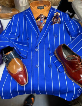 Mens Double Breasted Blazer Suit Jacket - Bold Pinstripe Sport Coat in Royal and White Pinstripe