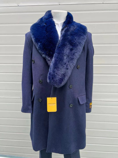 Mens Double-Breasted Navy Overcoat with Plush Blue Faux Fur Collar – Alberto Nardoni Winter Coat - Image 4