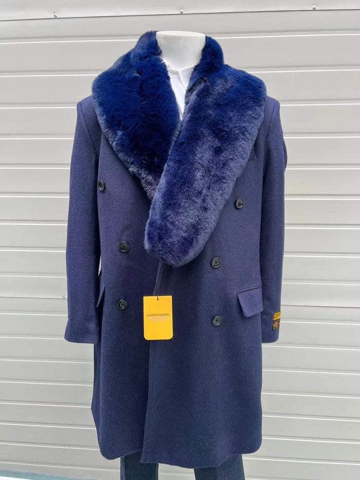 Mens Double-Breasted Navy Overcoat with Plush Blue Faux Fur Collar – Alberto Nardoni Winter Coat - Image 4