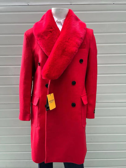 Mens Double Breasted Red Overcoat with Bold Red Faux Fur Collar – Alberto Nardoni Luxury Winter Coat - Image 4