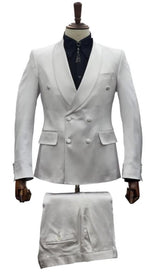 Mens Double Breasted Sateen Shiny Fabric Metallic Fabric - Sharskin White Suit