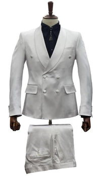 Mens Double Breasted Sateen Shiny Fabric Metallic Fabric - Sharskin White Suit
