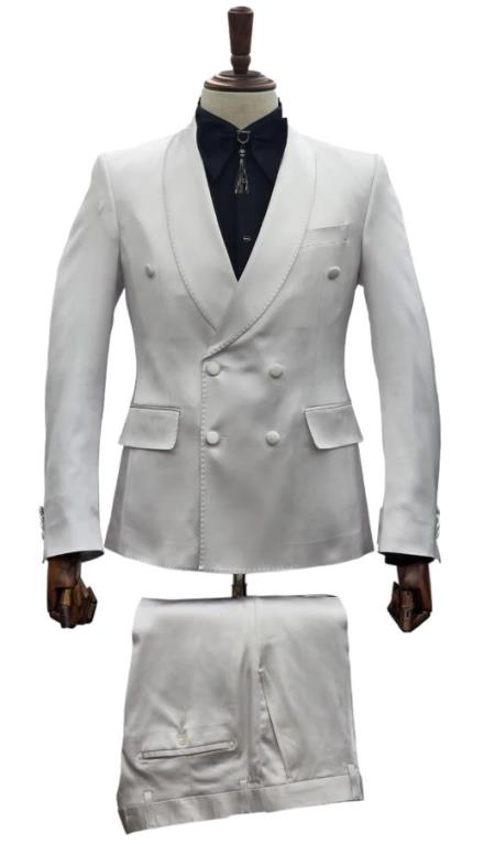 Mens Double Breasted Sateen Shiny Fabric Metallic Fabric - Sharskin White Suit