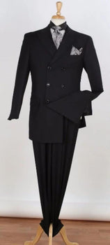 Mens Double Breasted Suit 6 on 3 Classic Fit Pleated Pants - Black