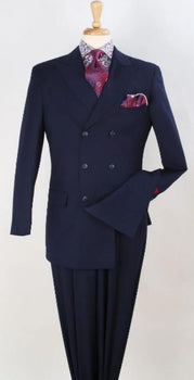 Mens Double Breasted Suit 6 on 3 Classic Fit Pleated Pants - Navy