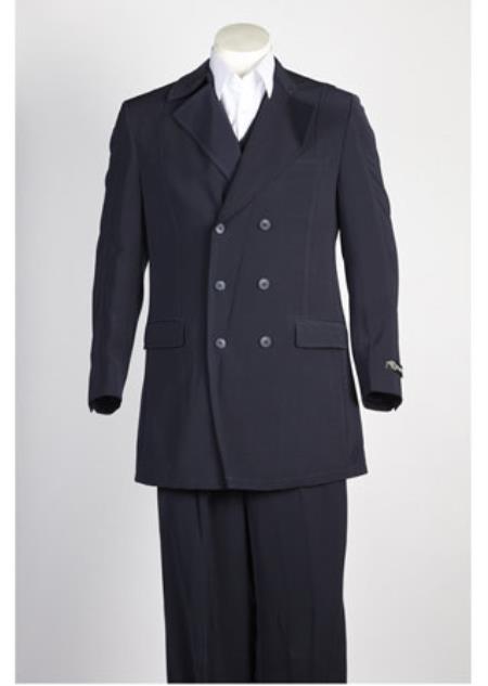 Men's Double Breasted Suit Wide Leg Pleated Pants Dark Navy - 6 on 3 Buttons Unique Style With Pleated Pants