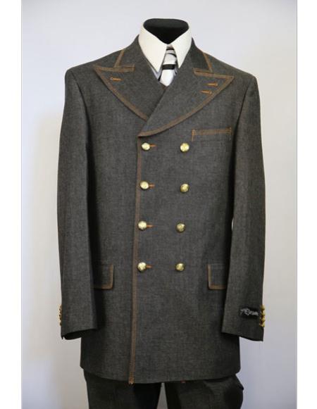 Men's Double Breasted Suit brass & faux leather accents denim 3pc suit