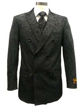 Men's Double Breasted Velvet Fabric Paisley Pattern Black velour Men's blazer Jacket - Slim Fitted