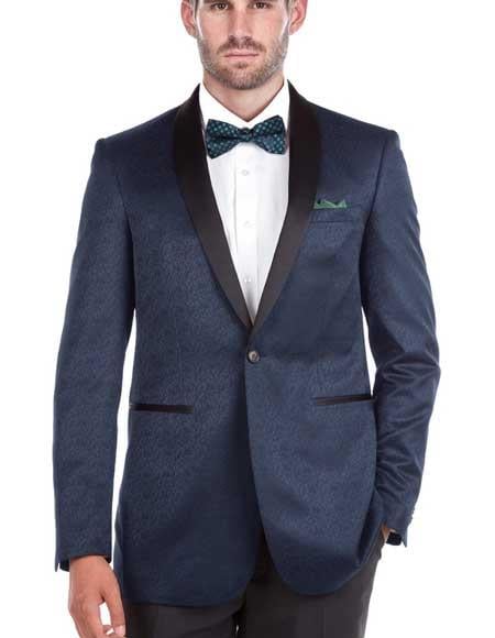 Mensusa Men's Shawl Collar Blue Textured Double Vent Tuxedo Slim Fit Blazer ...