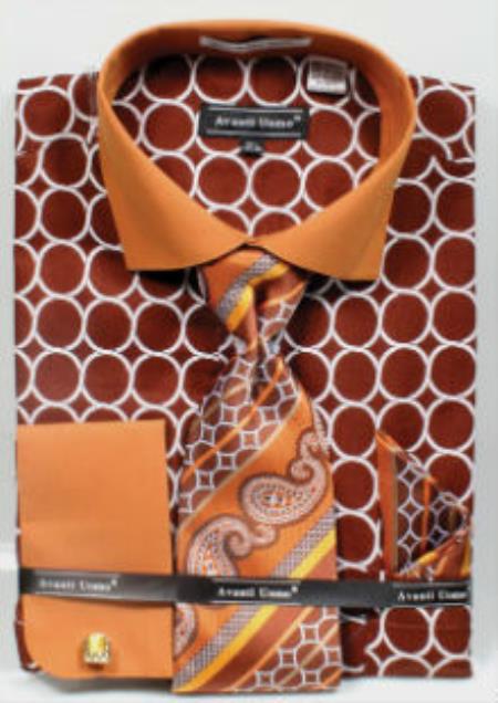 Men'S Brown Printed Pattern French Cuff Dress Shirt — MensUSA