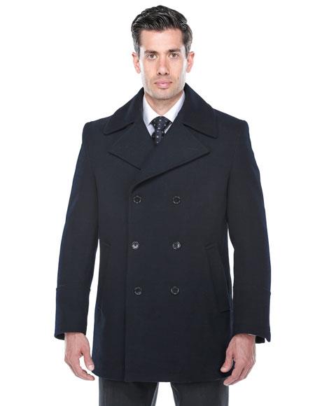 Men's Dress Coat Double Breasted Overcoat ~ Long Men's Dress Topcoat - Winter coat in navy
