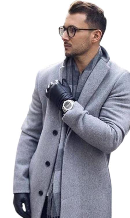 Men's Dress Coat Light Grey ~ Silver Gray Overcoat Long Topcoat Winter