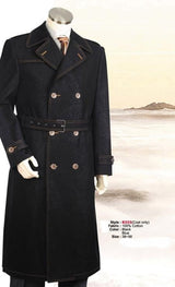 Men's Dress Coats Double Breasted Overcoat denim Jean Fabric Belted Full Length