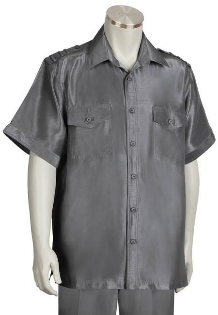 Men's Metallic Shoulder Accent Dual Pocket Grey Suit