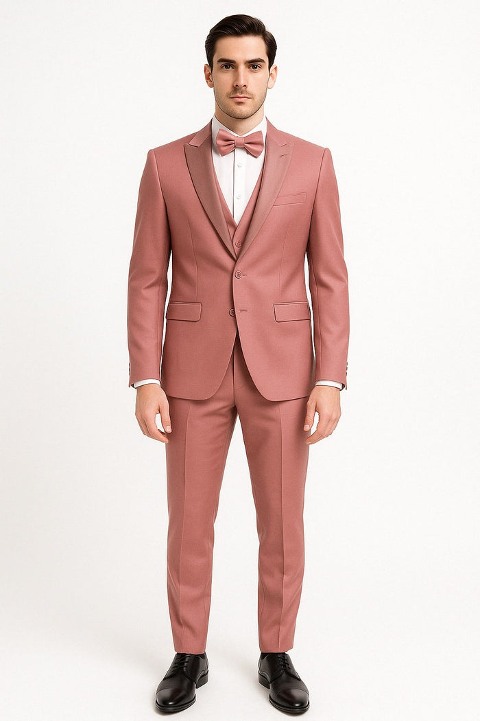 Mens Dusty Pink Three-Piece Slim Fit Tuxedo with Contrast Satin Lapel and Bow Tie
