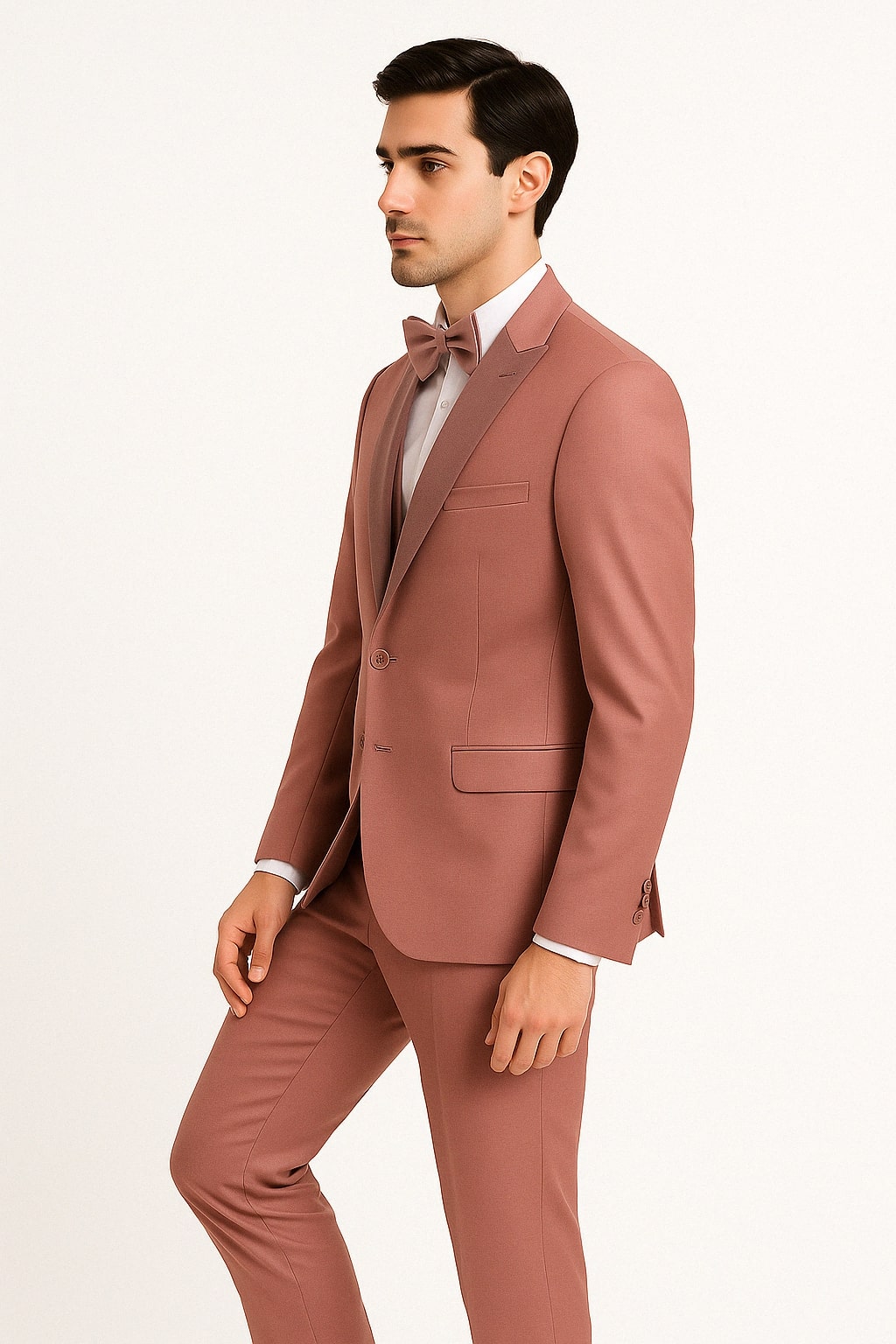Mens Dusty Pink Three-Piece Slim Fit Tuxedo with Contrast Satin Lapel and Bow Tie - Image 2