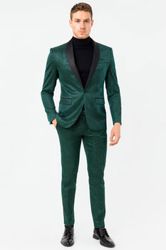 Mens Emerald Green Shiny Stripe Tuxedo Suit – Slim Fit 2-Piece Satin Lapel Dinner Jacket and Pants Ultra slim fit