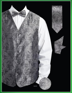 Men's 4 Piece Groomsmen Dress Tuxedo Wedding Vest ~ Waistcoat ~ Waist coat Set (Bow Tie, Neck Tie, Hanky) - Shiny P A I S L E Y Jacquard Black - Men's Neck Ties - Mens Dress Tie - Trendy Mens Ties