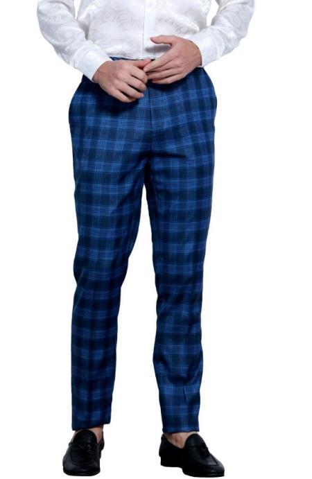 Mens Flat Front Pants - Plaid Pants - Slim Fit Pants - Windowpane Pant - Blue