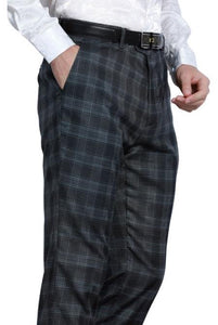 Mens Flat Front Pants - Plaid Pants - Slim Fit Pants - Windowpane Pant - Charcoal