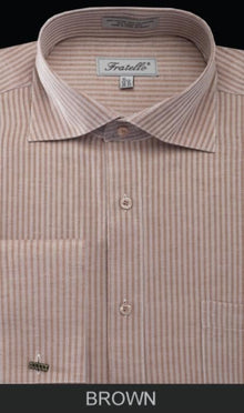 Men's Brown Classic Type Stripe  French Cuff Dress Shirt - Striped Dress Shirt - Mens Pinstripe Dress Shirt