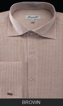 Men's Brown Classic Type Stripe  French Cuff Dress Shirt - Striped Dress Shirt - Mens Pinstripe Dress Shirt
