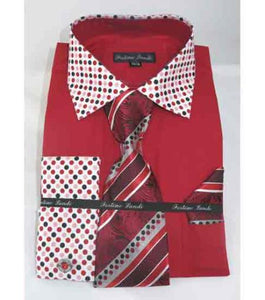 French Cuff Solid Body With Poka-A-Dot Collar Red Fire Men'S Dress Shirt
