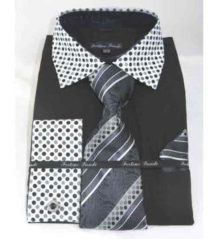 Solid Body With Poka-A-Dot Collar Black French Cuff Men'S Dress Shirt MensUSA Solid Body With Poka-A-Dot Collar Black French Cuff Men'S Dress Shirt MensUSA
