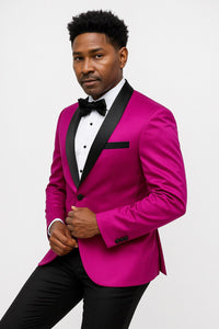 Mens Fuchsia Pink Satin Tuxedo Jacket with Black Peak Lapel – Bold Slim Fit Formal Suit - Image 4
