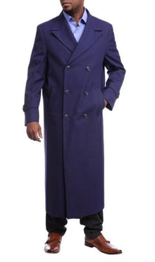 Men's Full Length Overcoat Navy Blue Wool Double Breasted Overcoat