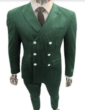Mens Gangster Suit - 1920s Style 6 Button Style Contrast Buttons Pinstripe Suit Hunter Green