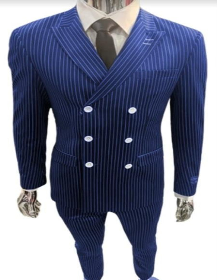Mens Gangster Suit - 1920s Style 6 Buttons Style Contrast Button Pinstripe Suit Navy Blue