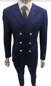 Mens Gangster Suit - 1920s Style 6 Buttons Style Contrast Buttons Pinstripe Suit Dark Blue