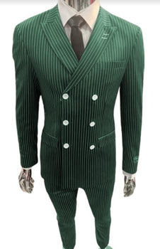 Mens Gangster Suit - 1920s Style 6 Buttons Style Contrast Buttons Pinstripe Suit Hunter Green