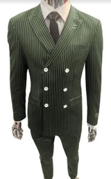 Mens Gangster Suit - 1920s Style 6 Buttons Style Contrast Buttons Pinstripe Suit Olive Green