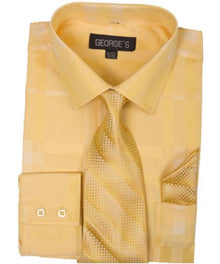 Gold 60% Cotton 40% Polyester Shadow Striped Tie with Hanky Men's Dress Shirt